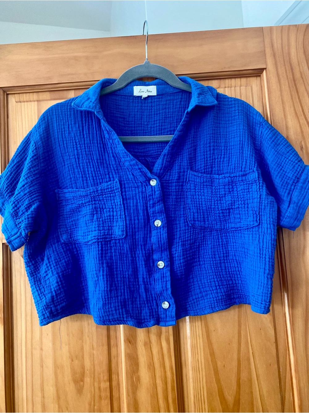 Love Notes Blue Double Gauze Cotton Boxy Cropped Button Front Top M
